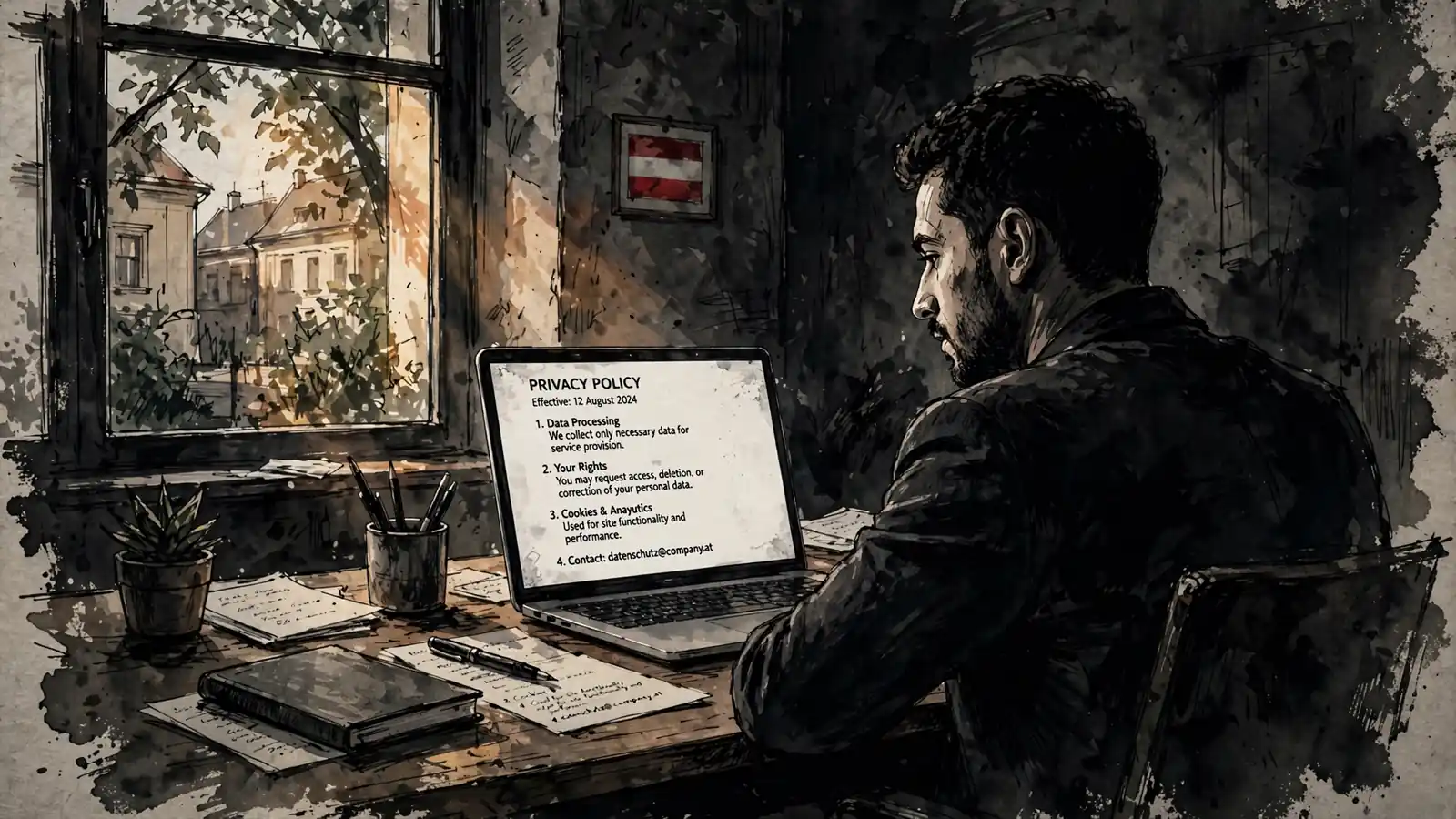 Person liest Datenschutzbestimmungen an Laptop im österreichischen Büro