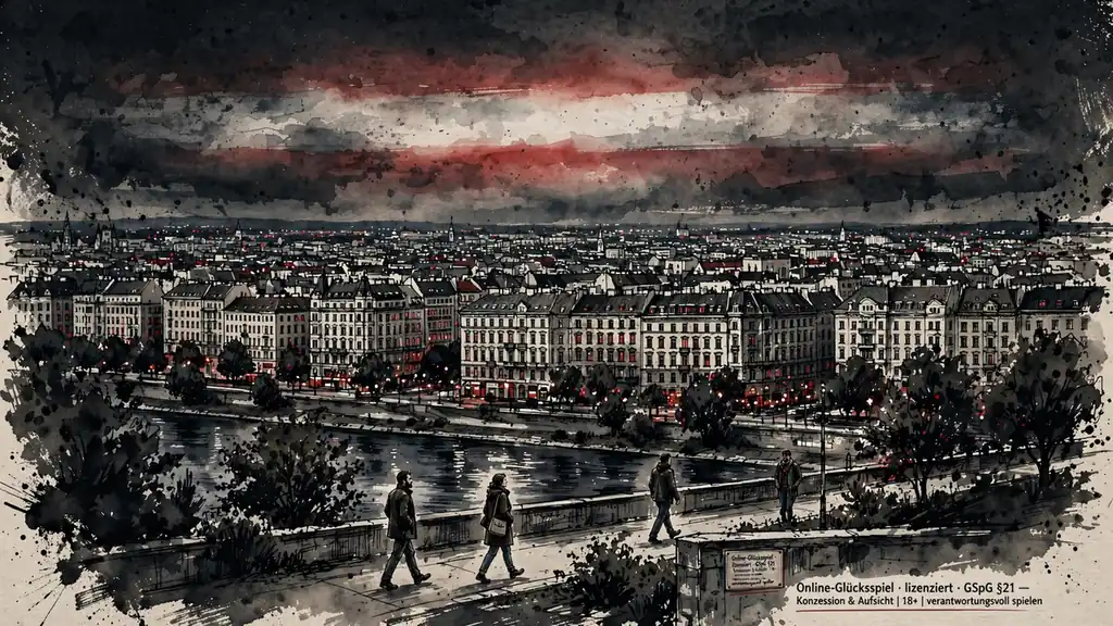 Panorama von Wien mit österreichischer Flagge im Hintergrund