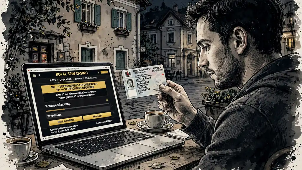 Junger Erwachsener mit Ausweis und 18+ Hinweis vor Laptop