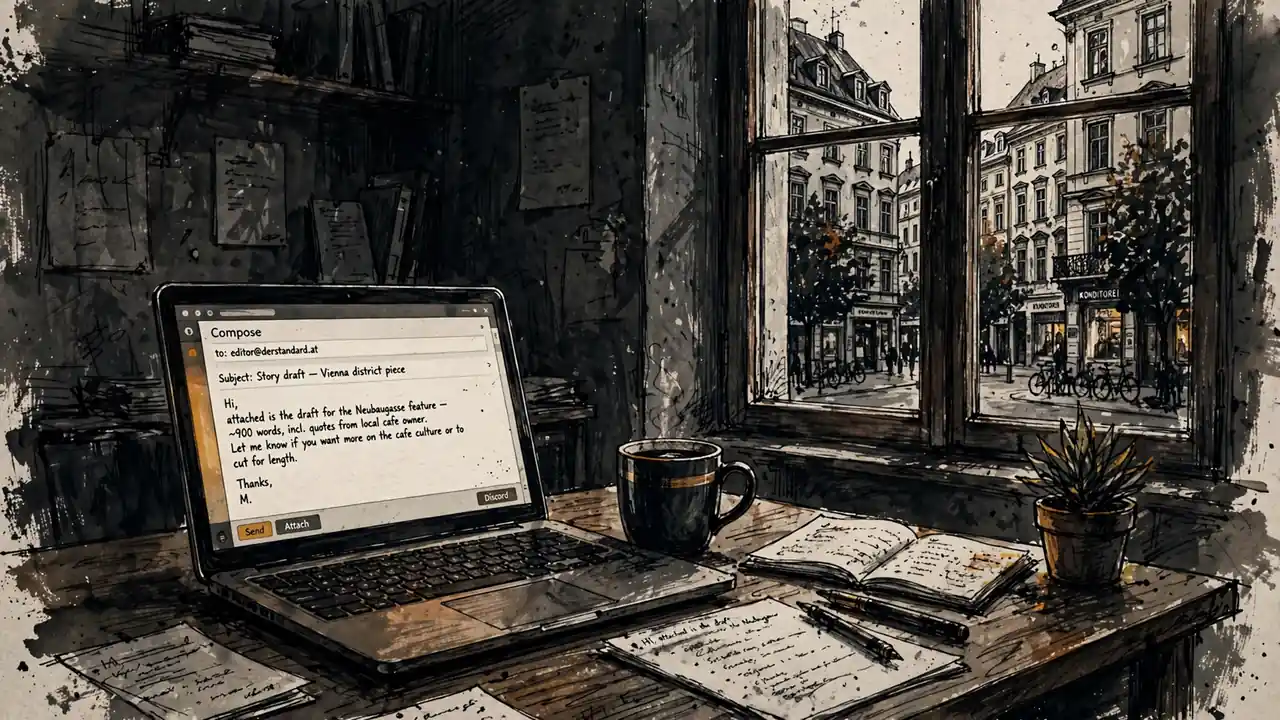 Ein modernes österreichisches Redaktionsbüro mit Schreibtisch, Laptop, Kaffeetasse und Fensterblick auf Wiener Altstadt.