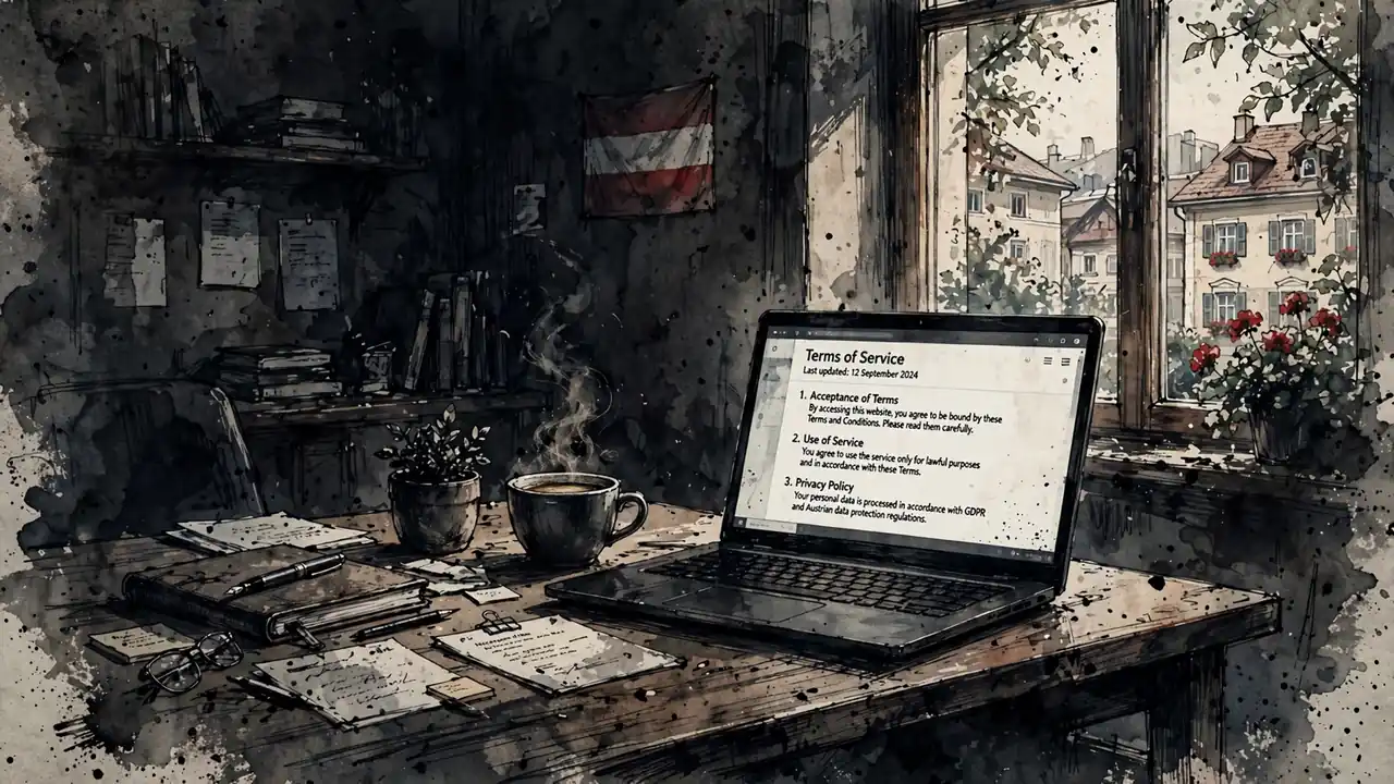 Ein stilvolles Büro in Österreich mit Laptop, Kaffeetasse und österreichischer Flagge im Hintergrund
