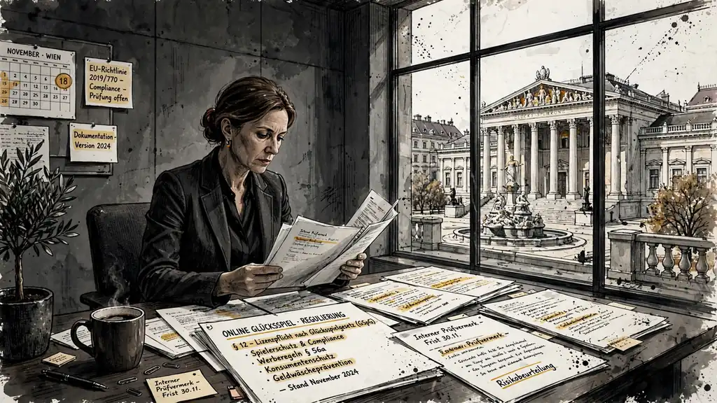 Geschäftsfrau prüft juristische Unterlagen zu Online-Glücksspiel in Wien